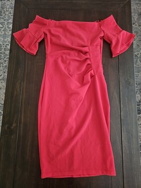 Off-Shoulder Midi Dress with Ruffle Sleeves in Vibrant Red